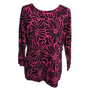 NWT Dressbarn Womens Floral Print 3/4 Sleeve Casual Top L Magenta Pink & Black